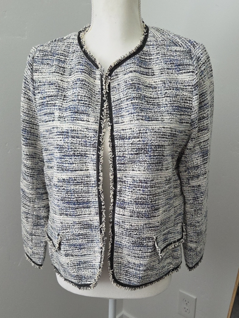 Max Studio Navy & White Tweed Fringe Jacket